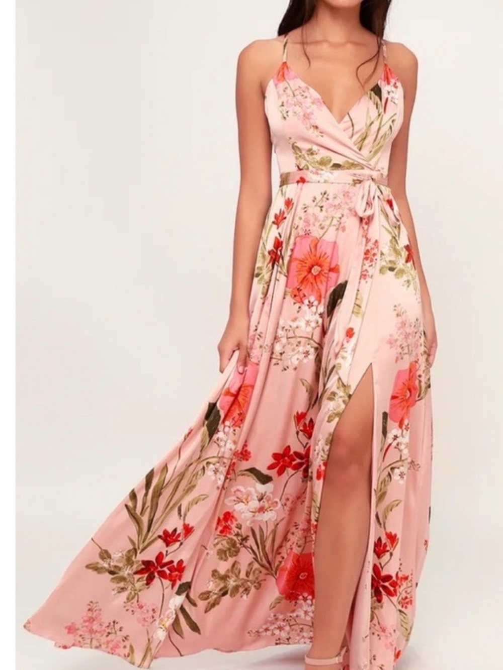 Lulu's Pink Floral Wrap Maxi Dress with Red & Green Accents